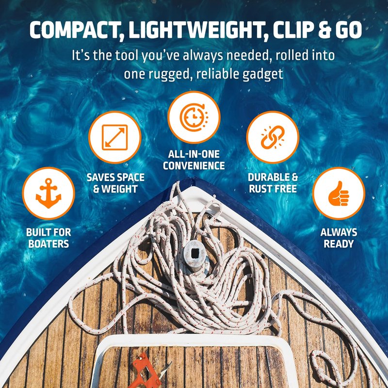 Boat Gadget 10-in-1 Boat Tool, Blue - Must-Have Boat Accessory with Gas Cap Key, Fishing Line Cutter, Bottle Opener, Whistle & More - Smart Addition to Any Boat Tool Kit for Fishing, Boating & Fun