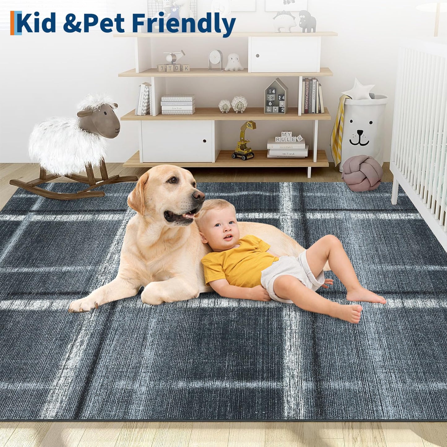 COZYLOOM Large Area Rug Washable 10x13 Modern Plaid Living Room Rug Soft Non Slip Low Pile Indoor Carpet Stain Resistant Farmhouse Tartan Accent Carpet for Bedroom Playroom, Black Grey