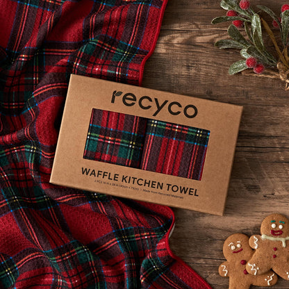 RECYCO Christmas Waffle Kitchen Towel Set of 2 - Quick Dry Microfiber Sustainable Dish Towels - Ultra Absorbent Reusable Cleaning Tea Towels - Lightweight Hand Towels,16”x 28”, Stewart Plaid Red