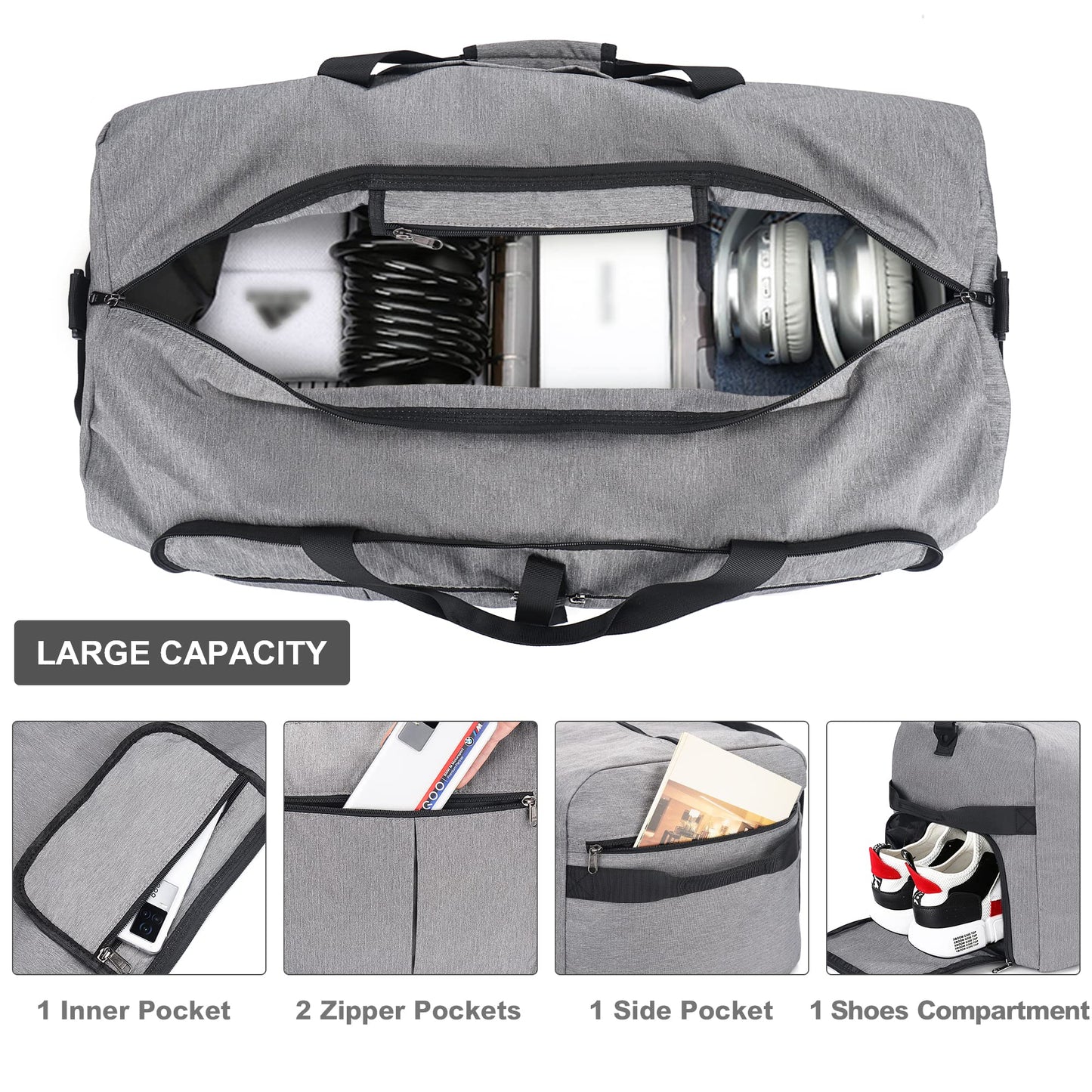 Upeelife Travel Duffle Bag, Foldable 125L Holdall Bags Large Weekend Overnight Bag Waterproof Duffel Bag with Shoe Compartment and Wet Pocket, Sports Gym Bag for Men Women (Grey)