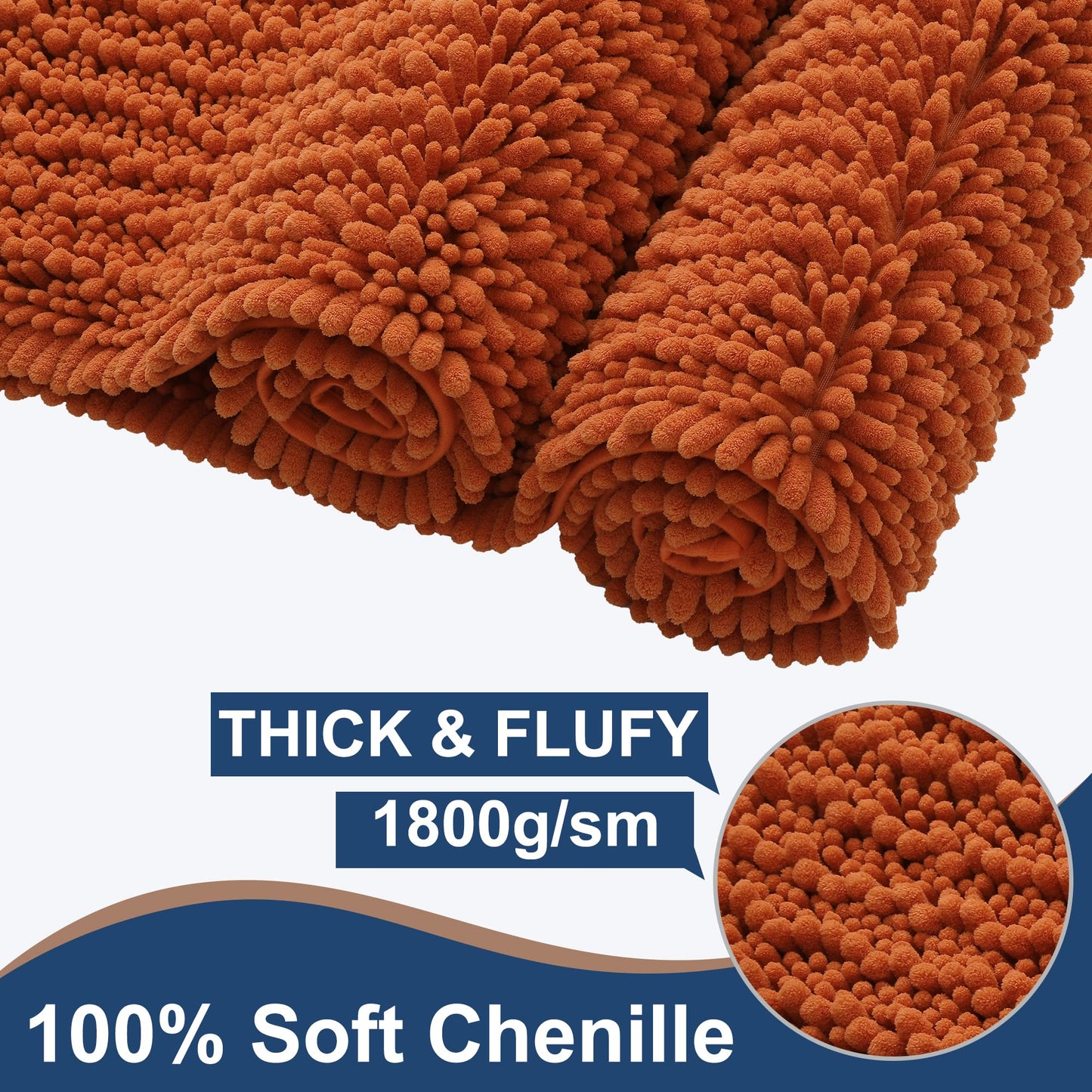 FLOLEOPA Luxury Chenille Burnt Orange Bathroom Rugs Bath Mats Sets, Extra Soft and Absorbent Bathroom Rugs Non Skid Machine Wash Dry Bath Mats（32"x20" Plus 17"x24"）