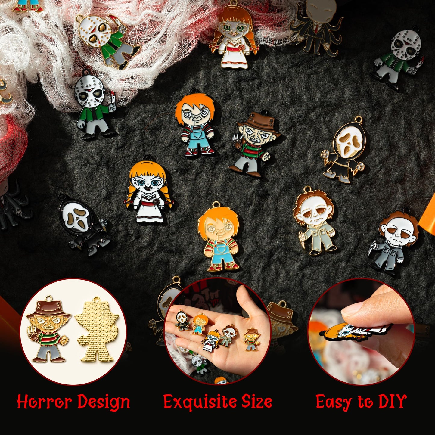 7ilaewen 28Pcs Horror Classic Movie Character Charms Halloween Enamel Pendants, Horror Ghost Dangle Halloween Scary Earring Necklace Bracelet Charms for Jewelry Making DIY Crafts Gifts