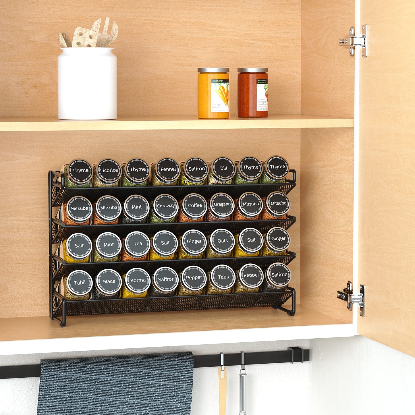 SpaceAid Spice Rack Organizer with 28 Spice Jars, 386 Spice Labels, Chalk Marker and Funnel Set for Cabinet, Countertop, Pantry, Cupboard or Door & Wall Mount - 28 Jars, 13.4" W × 10.8" H, Black
