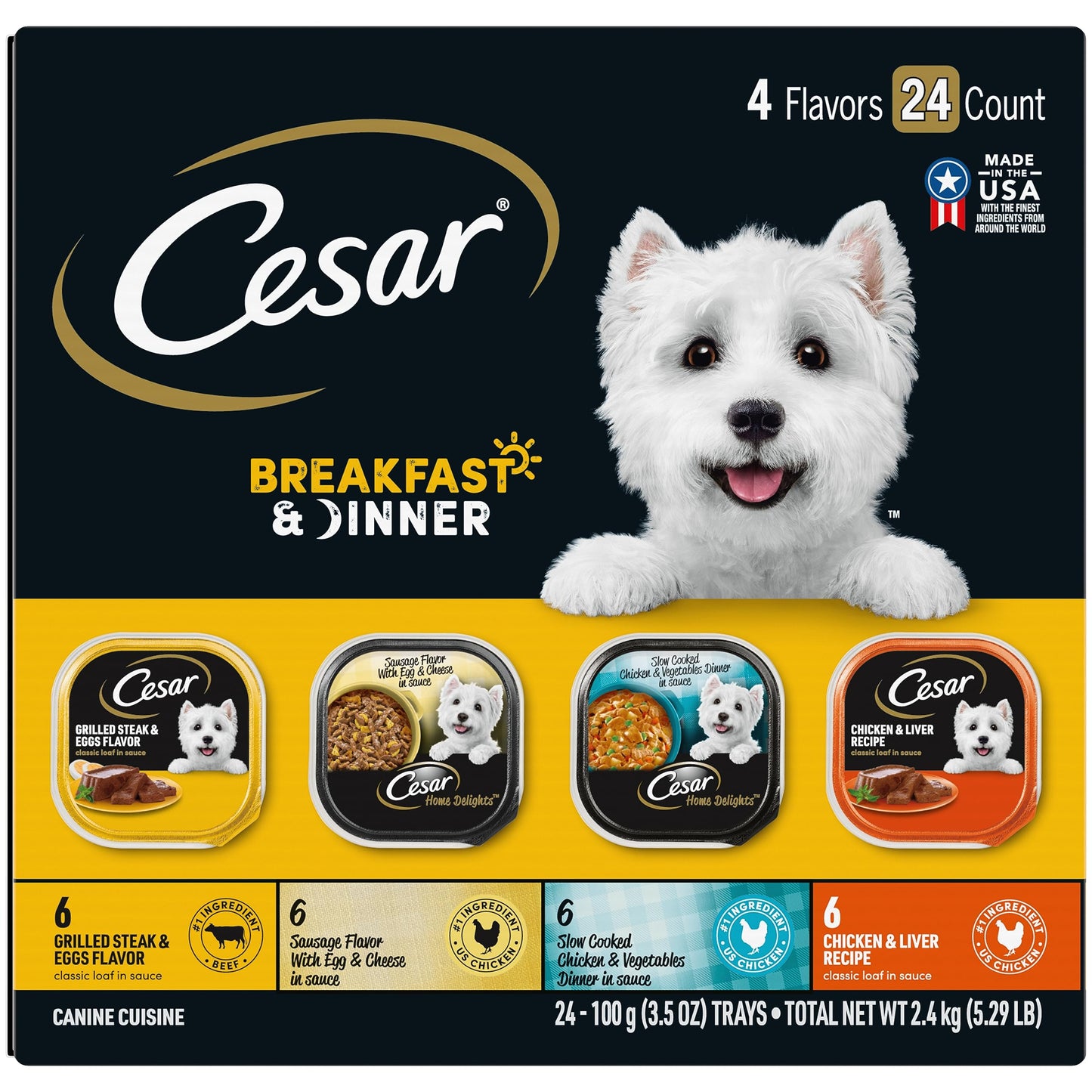 Cesar Wet Dog Food Home Delights & Classic Loaf in Sauce, Breakfast & Dinner Variety Pack, 3.5 oz. Easy Peel Trays (24 Count, Pack of 1)