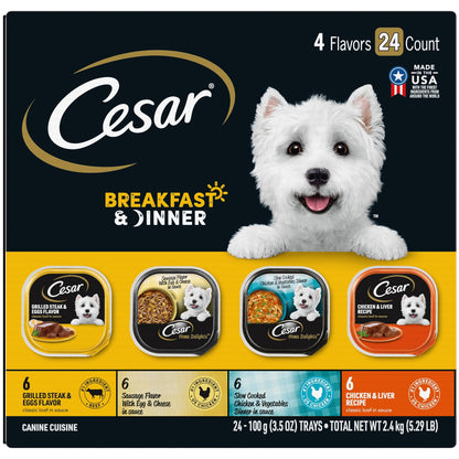 Cesar Wet Dog Food Home Delights & Classic Loaf in Sauce, Breakfast & Dinner Variety Pack, 3.5 oz. Easy Peel Trays (24 Count, Pack of 1)