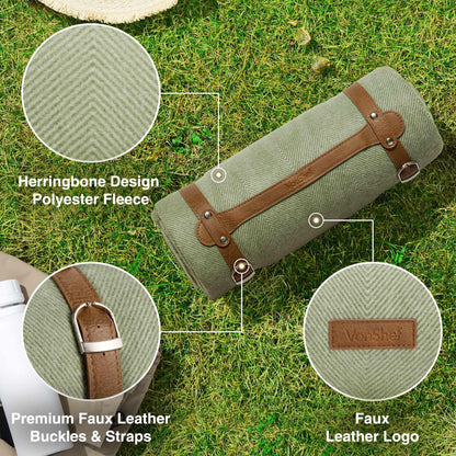 VonShef Picnic Blanket, Green Herringbone Outdoor Rug with Waterproof Backing, 6 Person Weatherproof Picnic Mat with Faux Leather Handle, Water Resistant Camping Accessories, 147x180cm