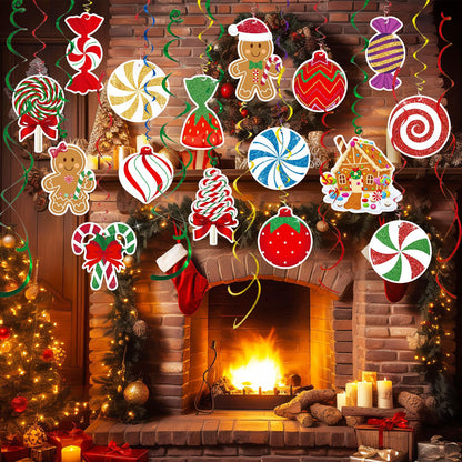 Candy Gingerbread Christmas Decorations - 20pcs Glitter Gingerbread House Candy Christmas Balls Hanging Swirls for Candyland Xmas Party Decor Supplies