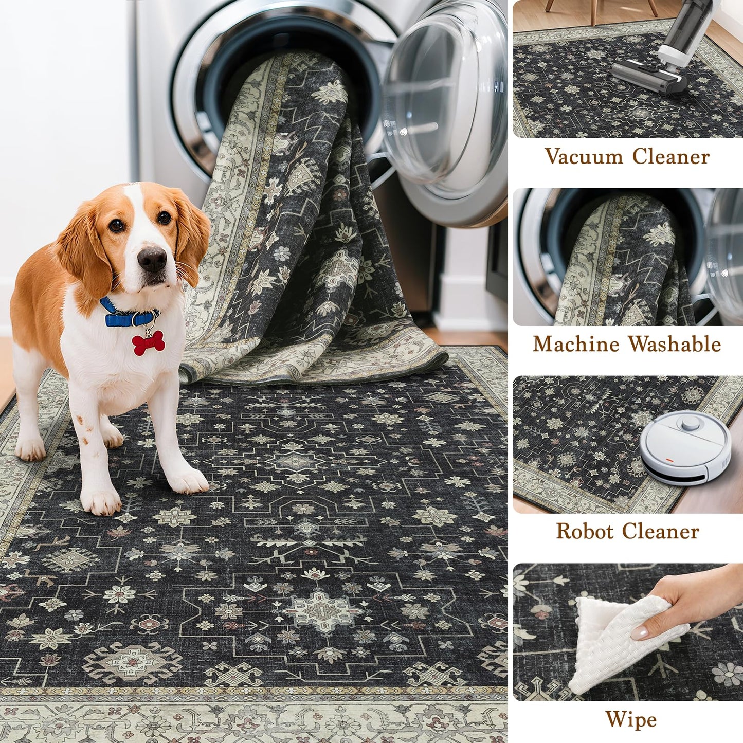 LBRO2M Black Washable Rugs 8X10 for Living Room Bedroom Office Farmhouse Non Slip Vintage Area Rugs Easy Clean, Stain Resistant Carpet Low Piles Great for Pets and Family (8'X10' Charcoal Black)