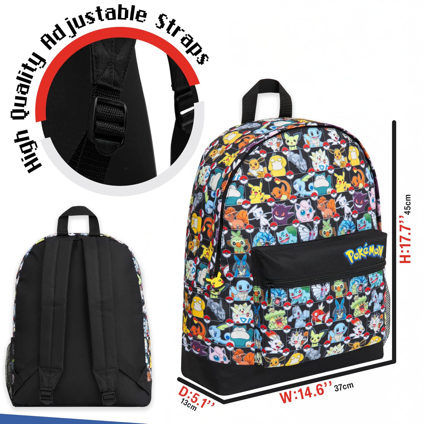 Pokemon Backpack for Kids Teenagers Pikachu Rucksack School Bag with Zipped Pockets Adjustable Straps Charizard Daypack for Travel Sports Anime Gifts (Multi AOP)