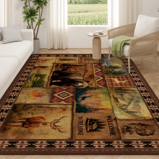 Vintage Cabin Area Rugs for Living Room 5'x7', Non Slip Machine Washable Rustic Lodge Bear Rug Carpet for Dining Floor Bedroom Office Indoor, Farmhouse Rustic Living Room Decor