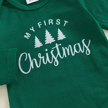 BeQeuewll Christmas Newborn Baby Boy 3PCS Clothes Set Infant Long Sleeve Romper Cute Pattern Suspender Pants Overalls Outfits (Green, 9-12 Months)