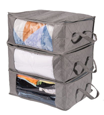 Amazon Basics Foldable Large Zipper Storage Bag Organizer Cubes with Clear Window & Handles, 3-Pack, Gray
