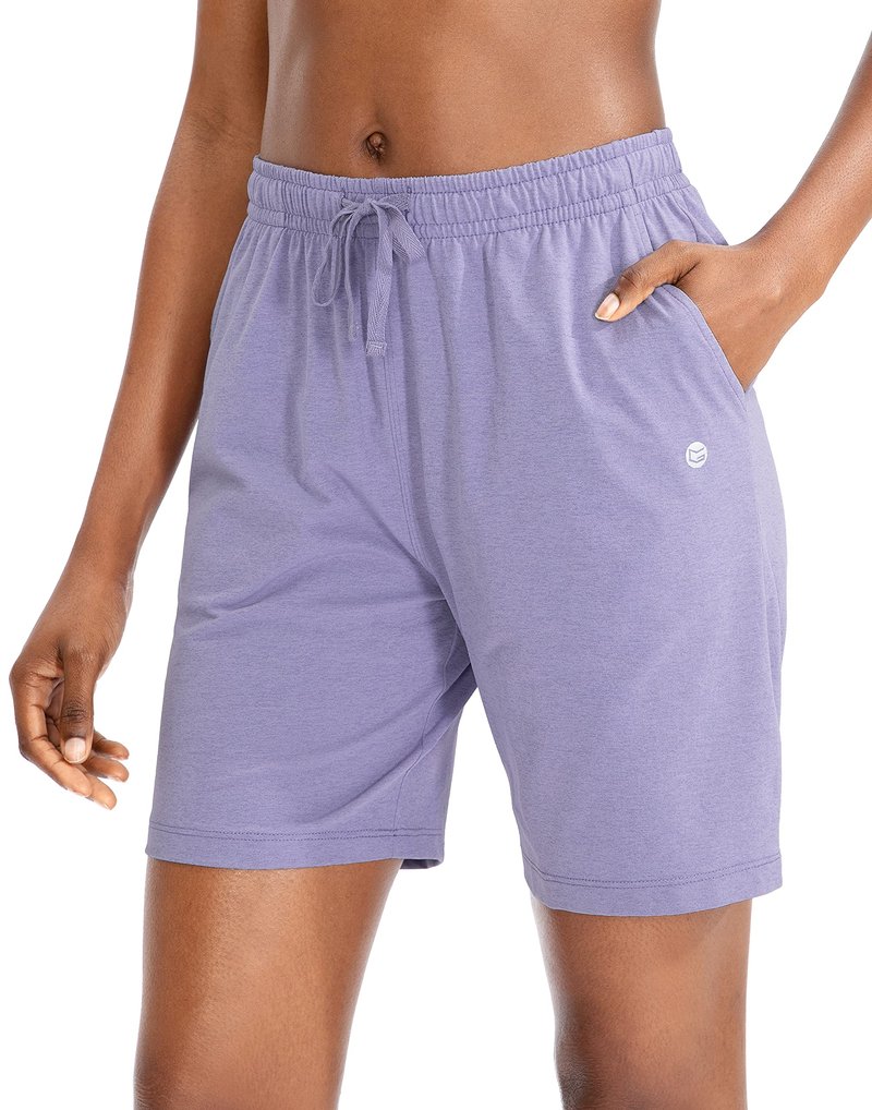 Women's 7" Shorts with Deep Pockets Elastic Waist Bermuda Jersey Long Shorts for Woman Lounge Walking (Purple,7",L)