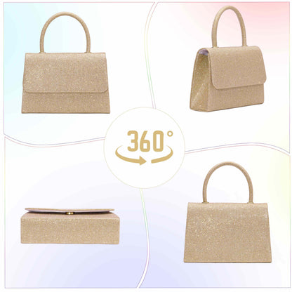 Larcenciel Women's Clutches, Sparkly Champagne Gold Handbags for Women w/Detachable Chain, Top Handle Evening Clutch Bag, Elegant Crossbody Purse Shoulder Bag for Party Prom Wedding, 20x5x13cm