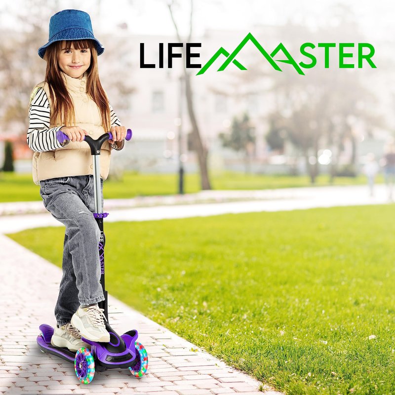 3 Wheel Scooter for Kids with Foldable Seat, Adjustable Handlebar Height, Lean-to-Steer Ride On Toy for Kids Ages 2+, Light-Up LED Wheels, Wide Anti Slip Deck, Indoor & Outdoor Use, Purple