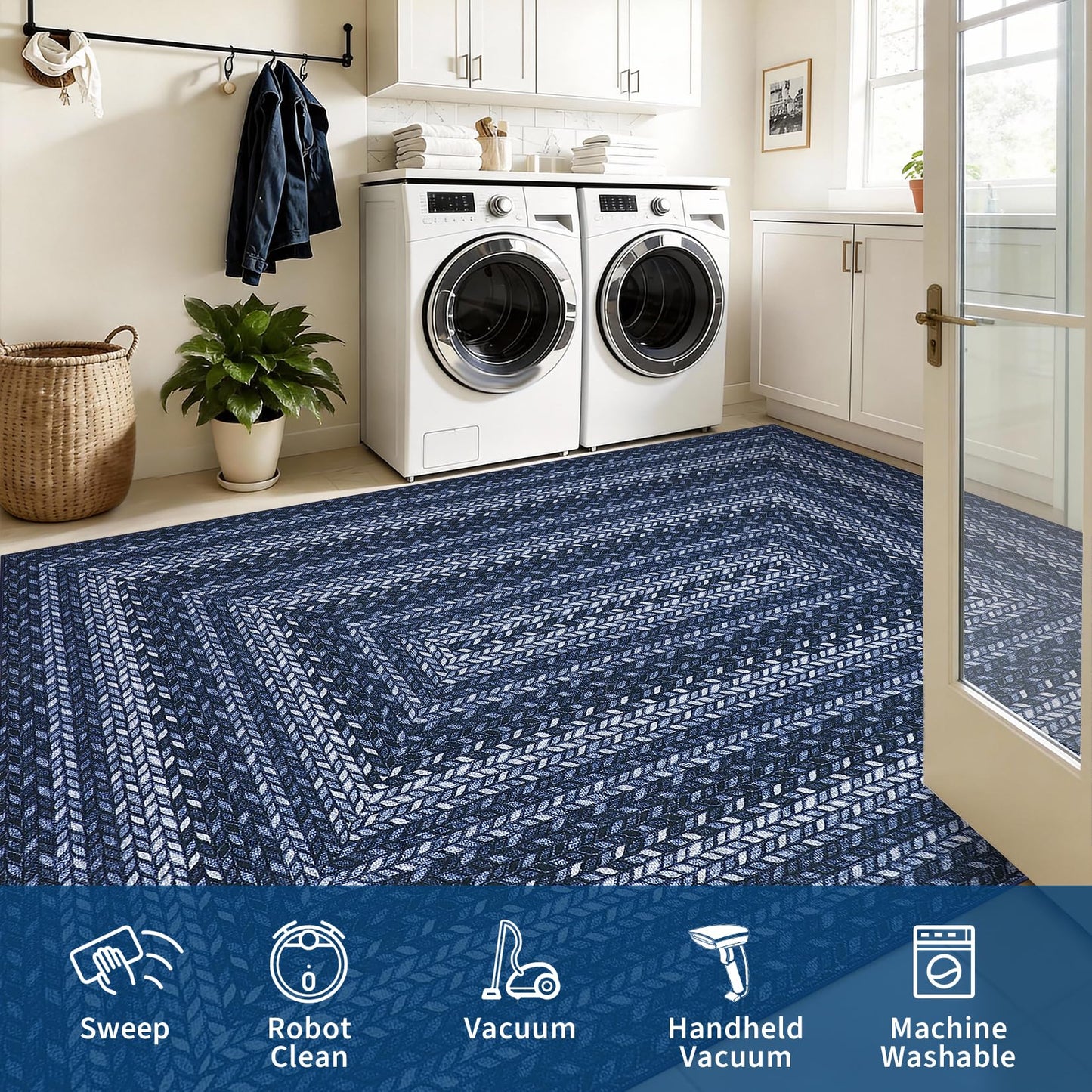 2x3 Small Area Rug Entryway Easy Jute Door Mat Stain Resistant Indoor Outdoor Mats Low Pile Washable Front Door Throw Carpet Modern Bordered Braided Print Rugs for Bedroom Living Room, Slateblue