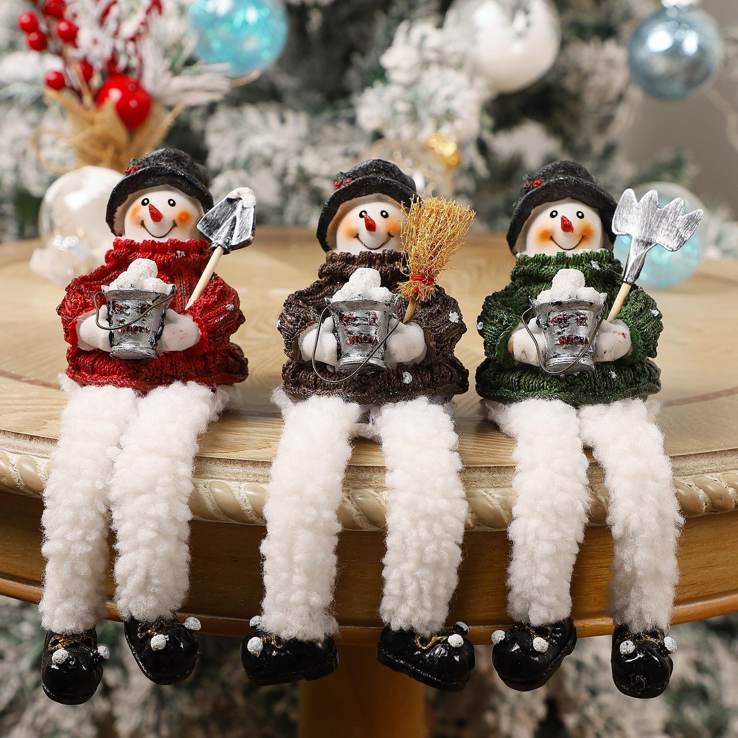 Lulu Home Christmas Snowman Decorations - 3 Pack Resin Snowman Shelf Sitters with Plush Dangling Legs for Winter Xmas Tabletop Mantel Fireplace Home Holiday Decor
