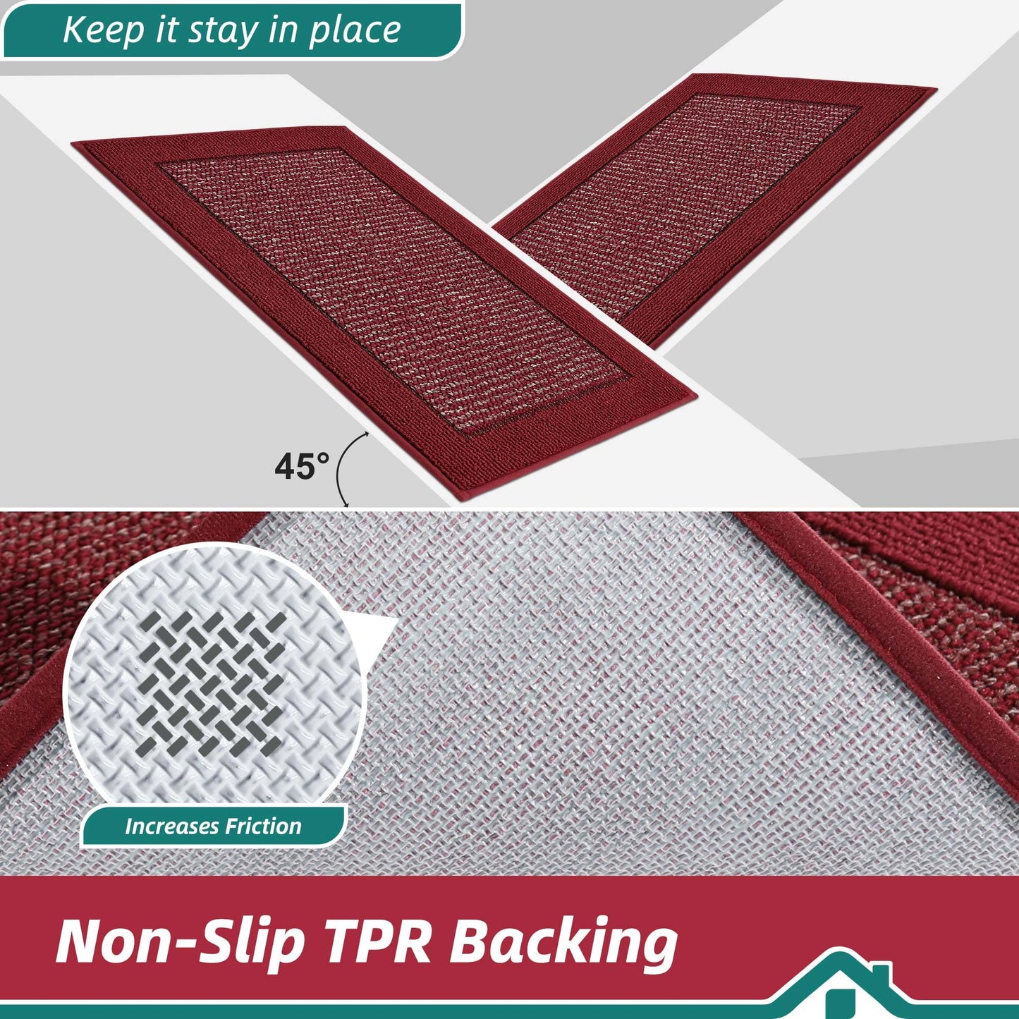 BEQHAUSE Kitchen Rugs and Mats Set of 2 Non-Slip Kitchen Mats for Floor, Absorbent and Stain Resistant Kitchen Runner, Machine Washable Rugs for Kitchen, Laundry & Sink, 20"x32"+20"x48", Red