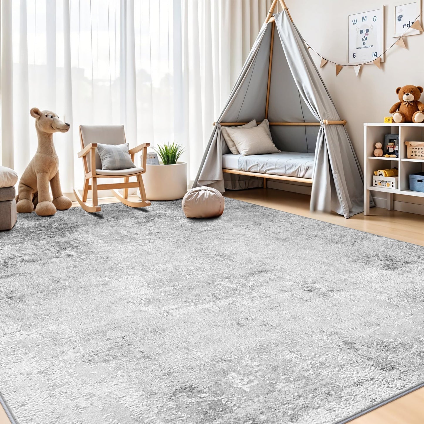 8x8 Square Area Rug Living Room: Abstract Washable Non-Slip Stain Resistant Rugs Low Pile Indoor Carpet for Dining Room Bedroom Office - Soft Throw Floor Mat for Modern Home Decor (8ft Square Grey)