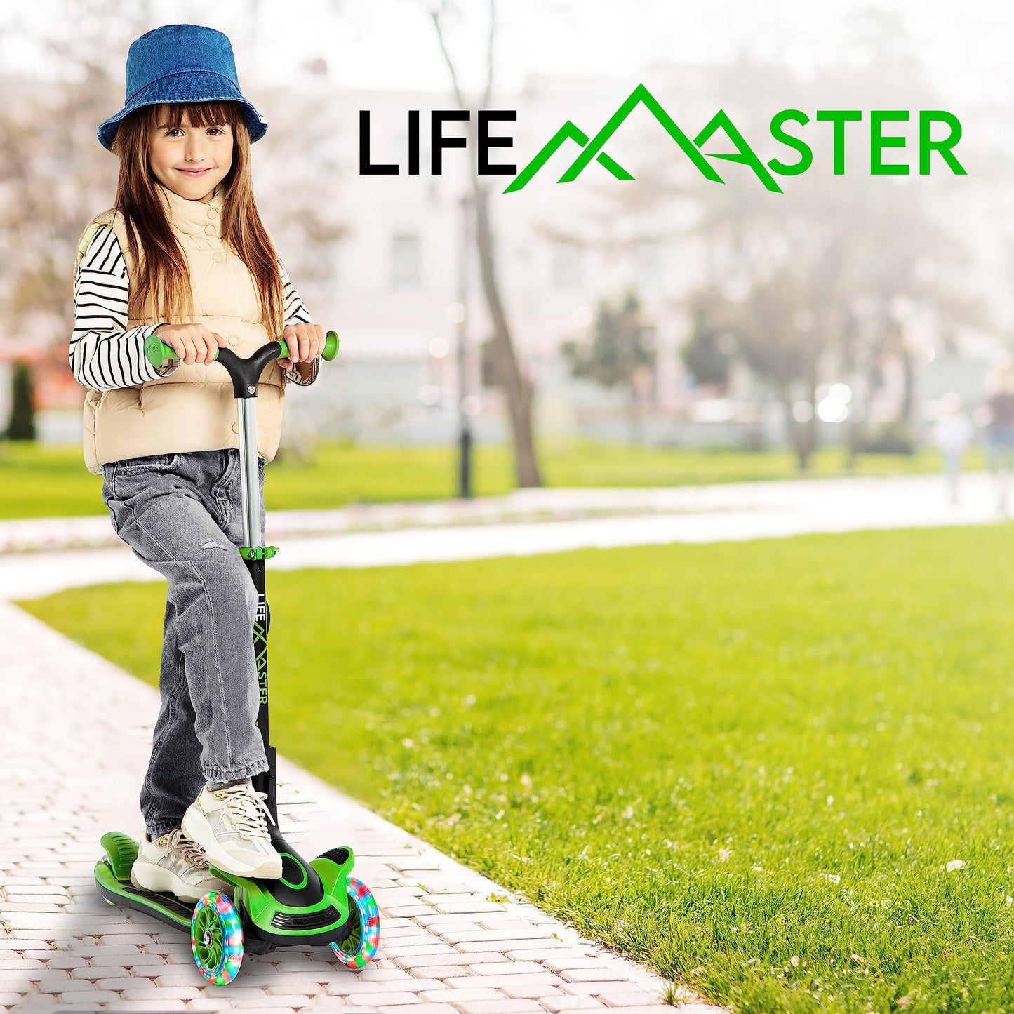 3 Wheel Scooter for Kids with Foldable Seat, Adjustable Handlebar Height, Lean-to-Steer Ride On Toy for Kids Ages 2+, Light-Up LED Wheels, Wide Anti Slip Deck, Indoor & Outdoor Use, Green
