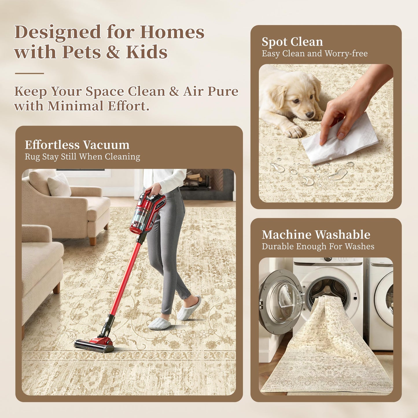 TTelephant Beige Washable Rugs 5x7, Neutral Vintage Boho Carpet for Bedroom, Living Room and Dining Room, Low Pile Nursery Area Rug with Non-Slip Silicone Backing, Non-Shedding