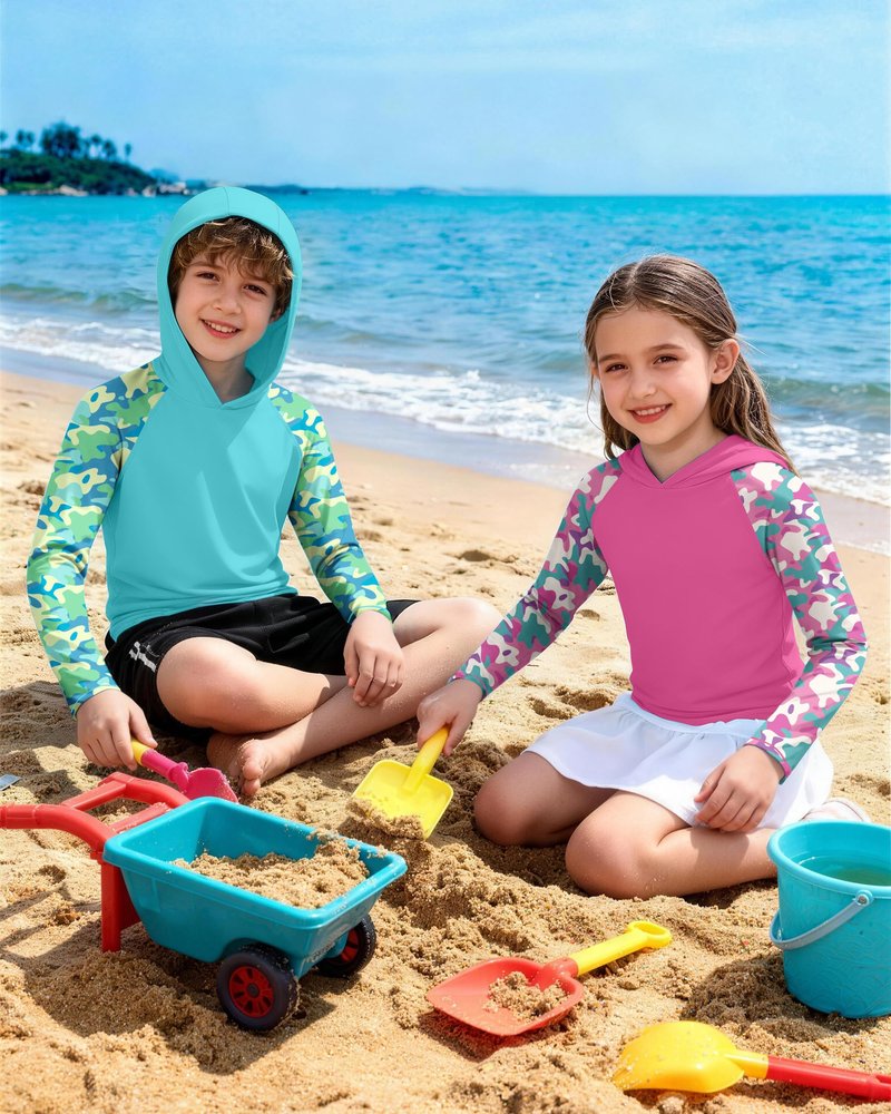 DRONIRING Boys Rash Guard Swim Hoodie, UPF 50+ UV Sun Protection Long Sleeve Fishing Shirt, Kids Youth SPF Water Shirts Deep Pink