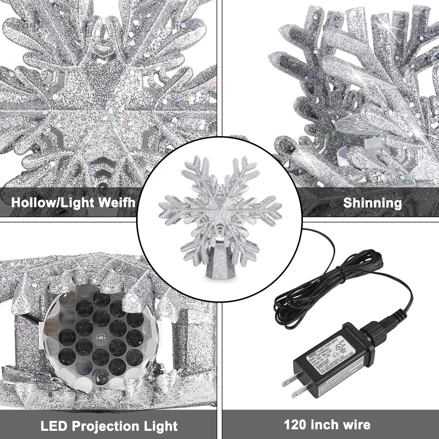 Christmas Tree Topper with 3D Snowfake Projector,fohuas LED Rotating Snowflake Xmas Festival Ornament Light Lamp,Glitter Sparkling Hollow Lighted Silver White Snow Tree-top Decoration