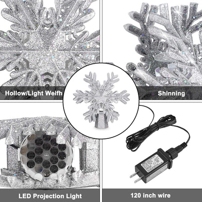 Christmas Tree Topper with 3D Snowfake Projector,fohuas LED Rotating Snowflake Xmas Festival Ornament Light Lamp,Glitter Sparkling Hollow Lighted Silver White Snow Tree-top Decoration