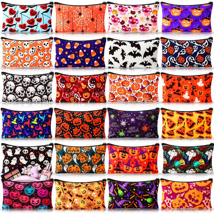 SilTriangle 24 Pieces Makeup Bags Bulk Canvas Cosmetic Bags Purse Organizer Zipper Cosmetic Pouch Portable Travel Toiletry Pouch for Women Men Gifts, 7 x 4 Inch (Halloween)