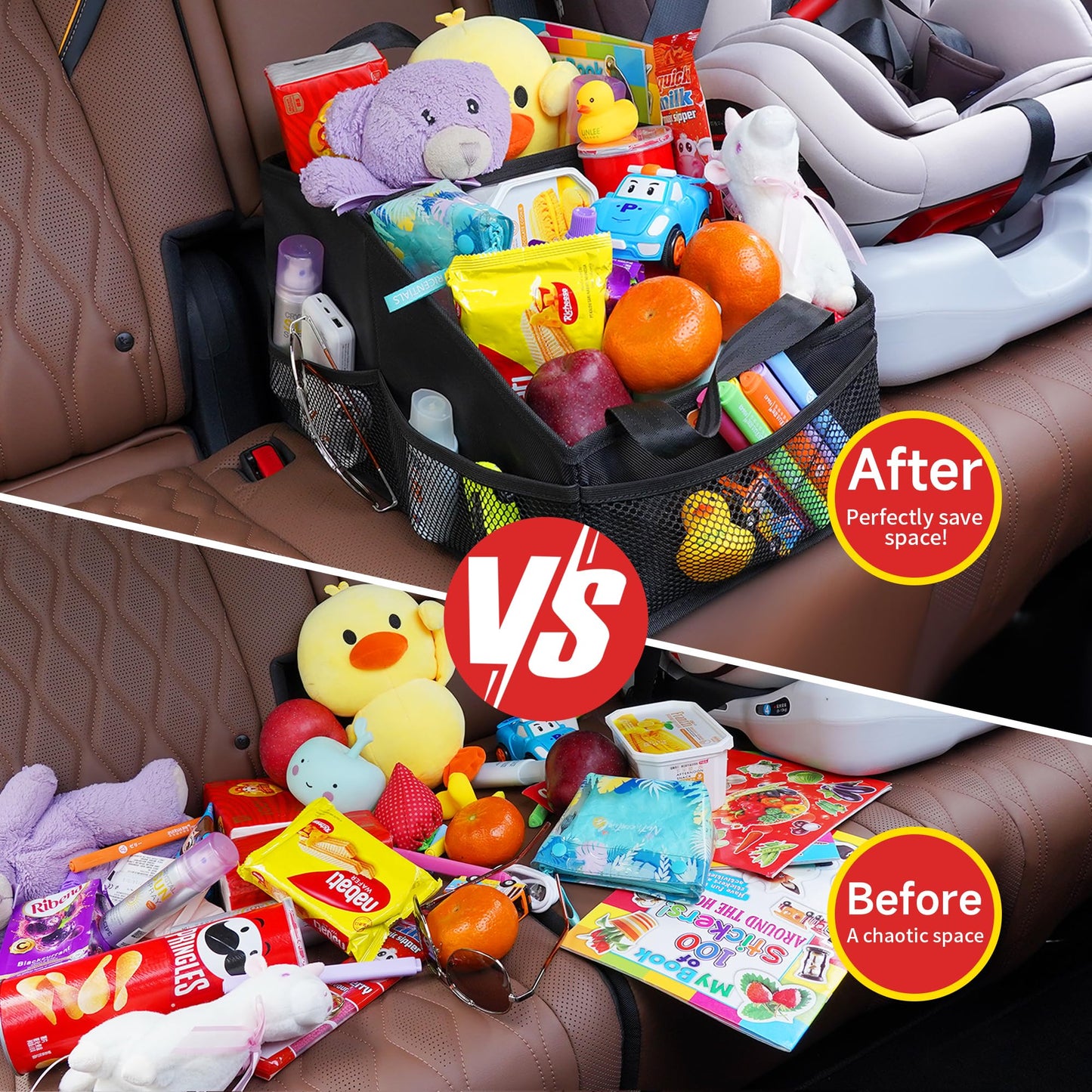 SURDOCA Car Seat Organiser for Front or Backseat, Travel Storage Accessories for Kids, Backseat Organiser with Tray for Toys, Snacks, Cups, Books, Tissue, Tidy and Clean