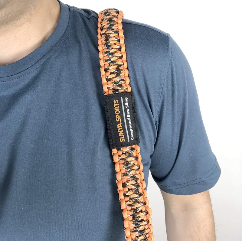 Sunya Paracord Compound Bow Sling with V2 Upgraded Magnetic Connection System. Lightweight Hands Free Shoulder Carrying Sling for Bow Hunting, Field Archery and 3D (Orange Flame Camo)