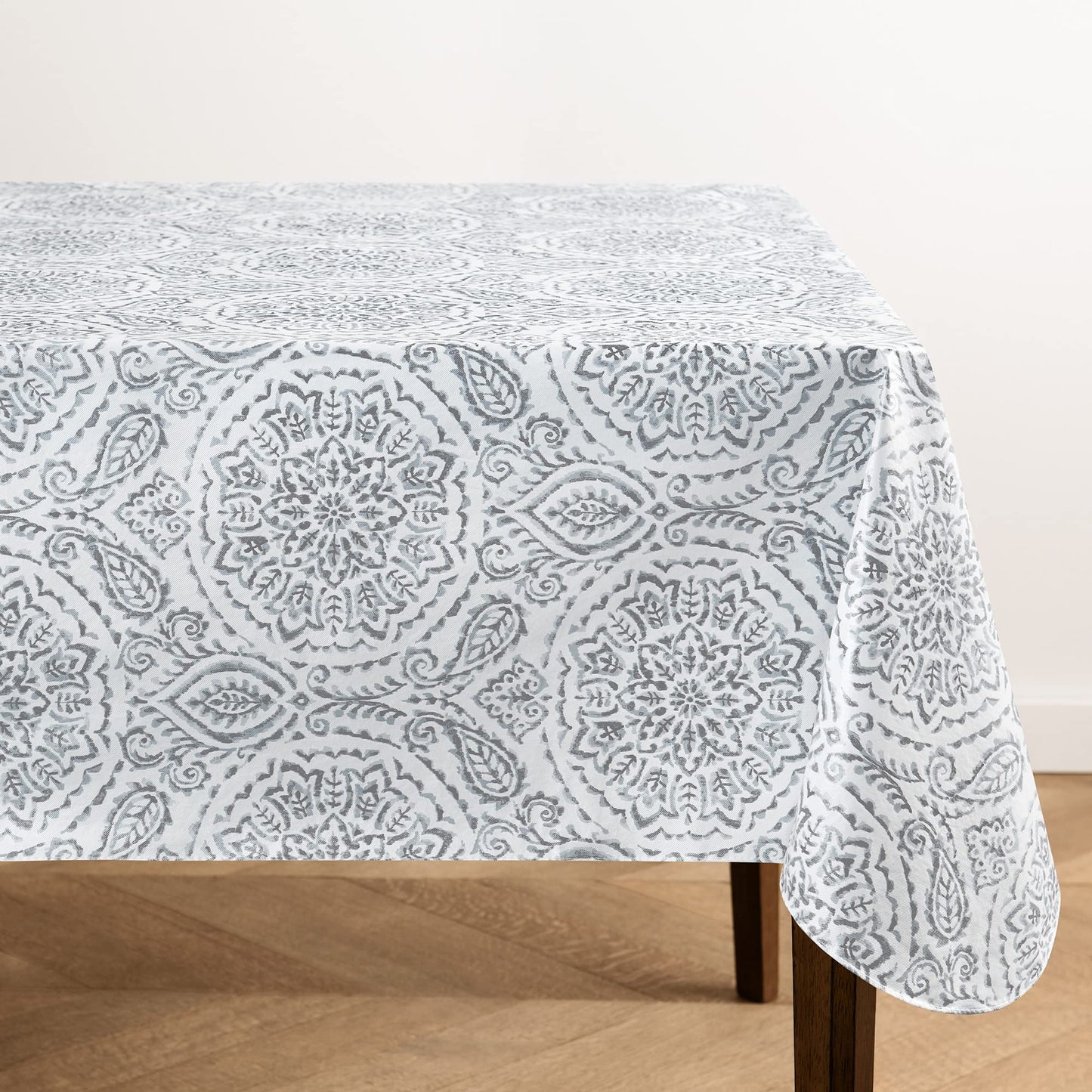 Elrene Home Fashions Savannah Boho Paisley Water and Stain Resistant Vinyl Indoor/Outdoor Tablecloth with Flannel Backing, 52"x52" Square, Gray