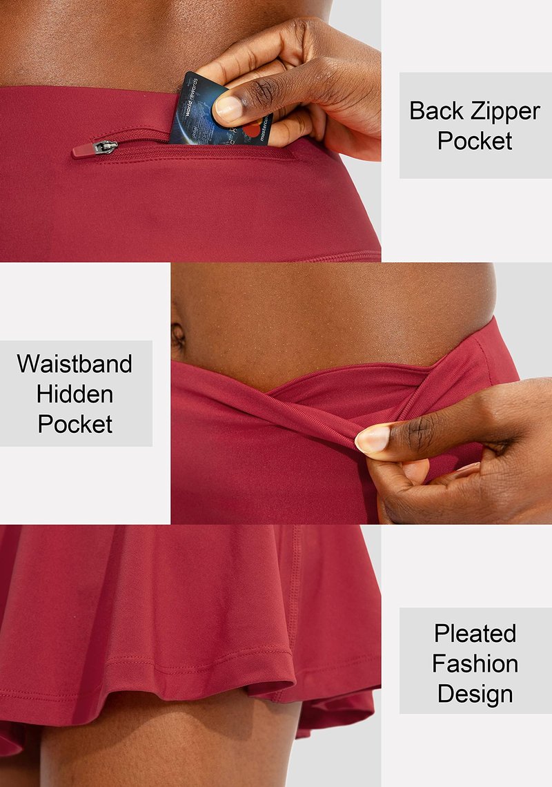 SANTINY Pleated Tennis Skirt for Women with 4 Pockets Women's High Waisted Athletic Golf Skorts Skirts for Running Casual (Red_XXS)