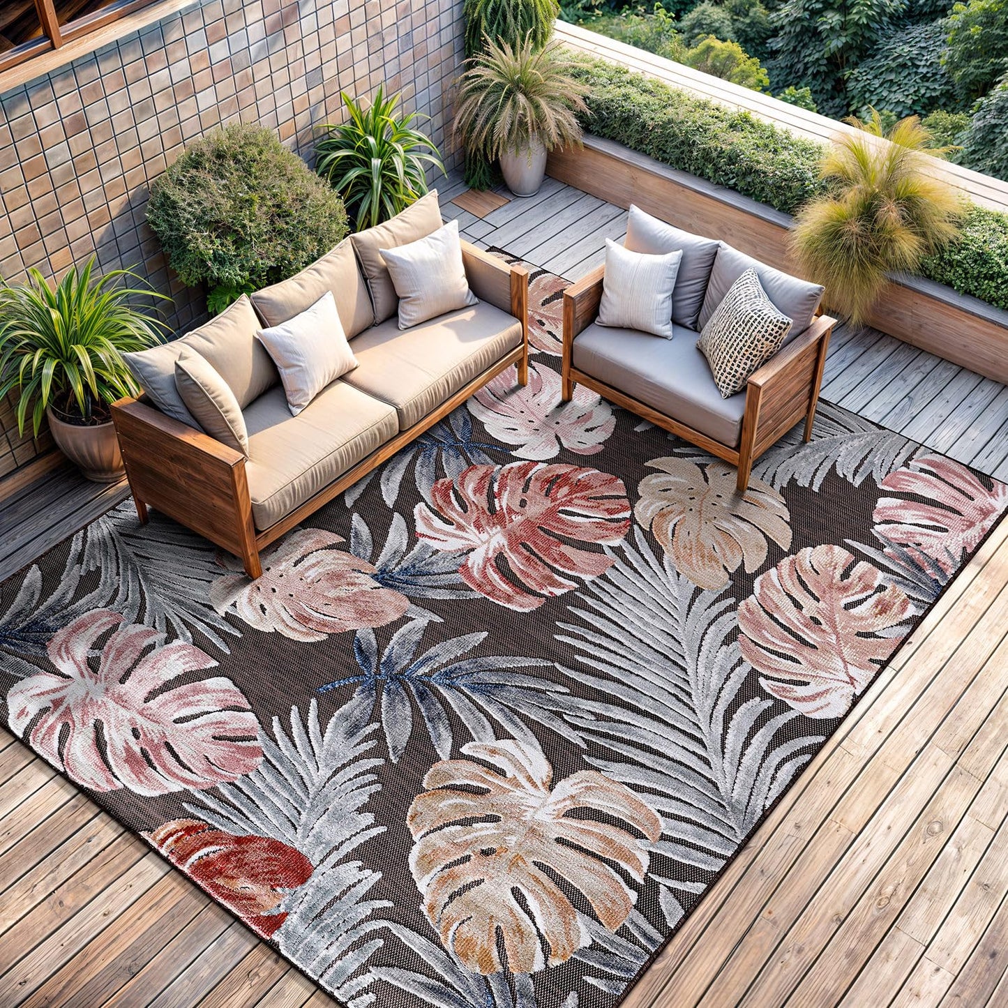 CAMILSON Indoor Outdoor Rug, Brown 9’x12’ Leaf Tropical Botanical Area Rugs for Indoor and Outdoor patios, Easy-Cleaning Non-Shedding Living Room, Garden and Kitchen Washable Outside Carpet (9x12)