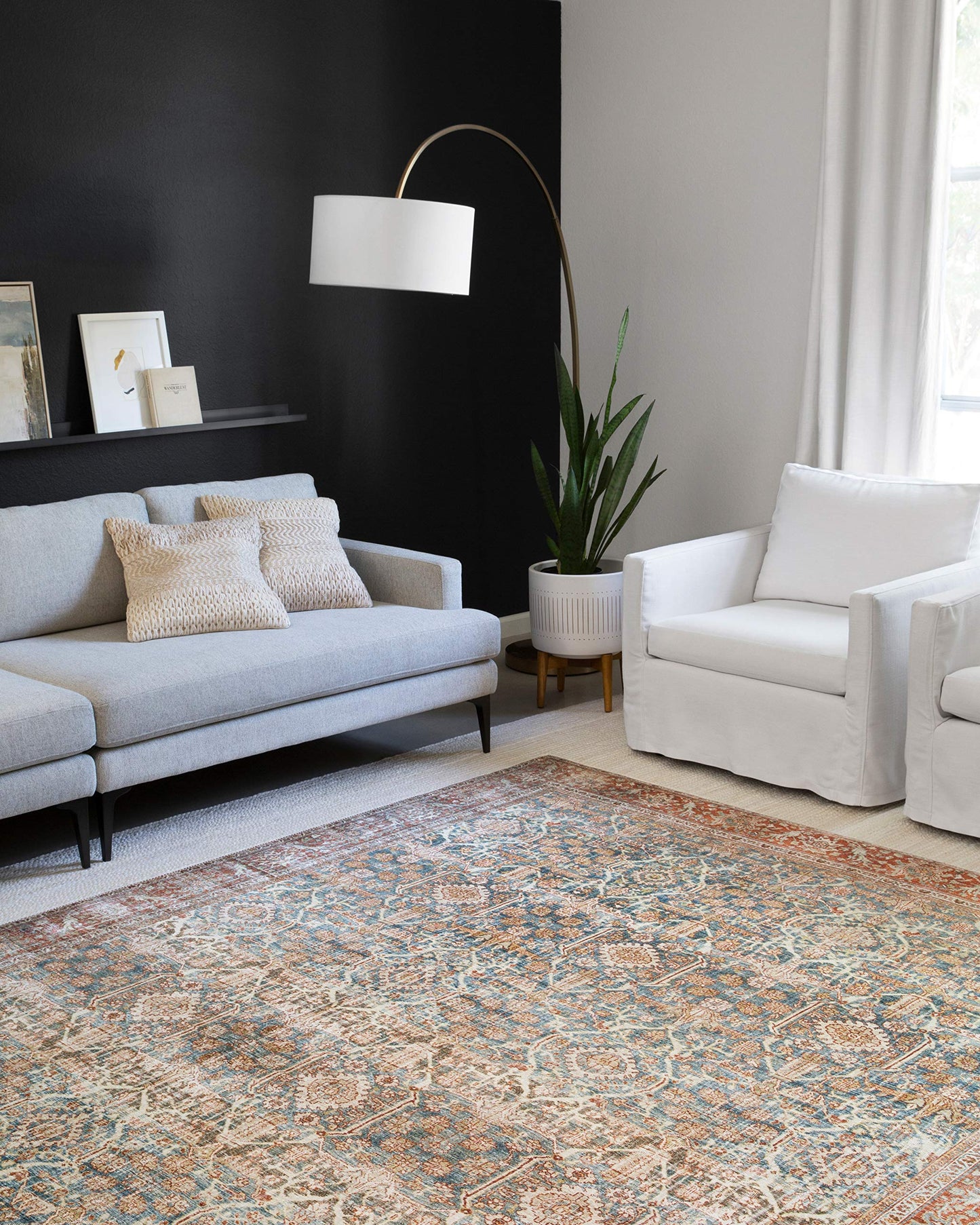 Loloi Layla Collection LAY-04 Ocean/Rust 9'-0" x 12'-0" .13" Thick Area Rug, Soft, Durable, Vintage Inspired, Distressed, Low Pile, Non-Shedding, Easy Clean, Printed, Living Room Rug