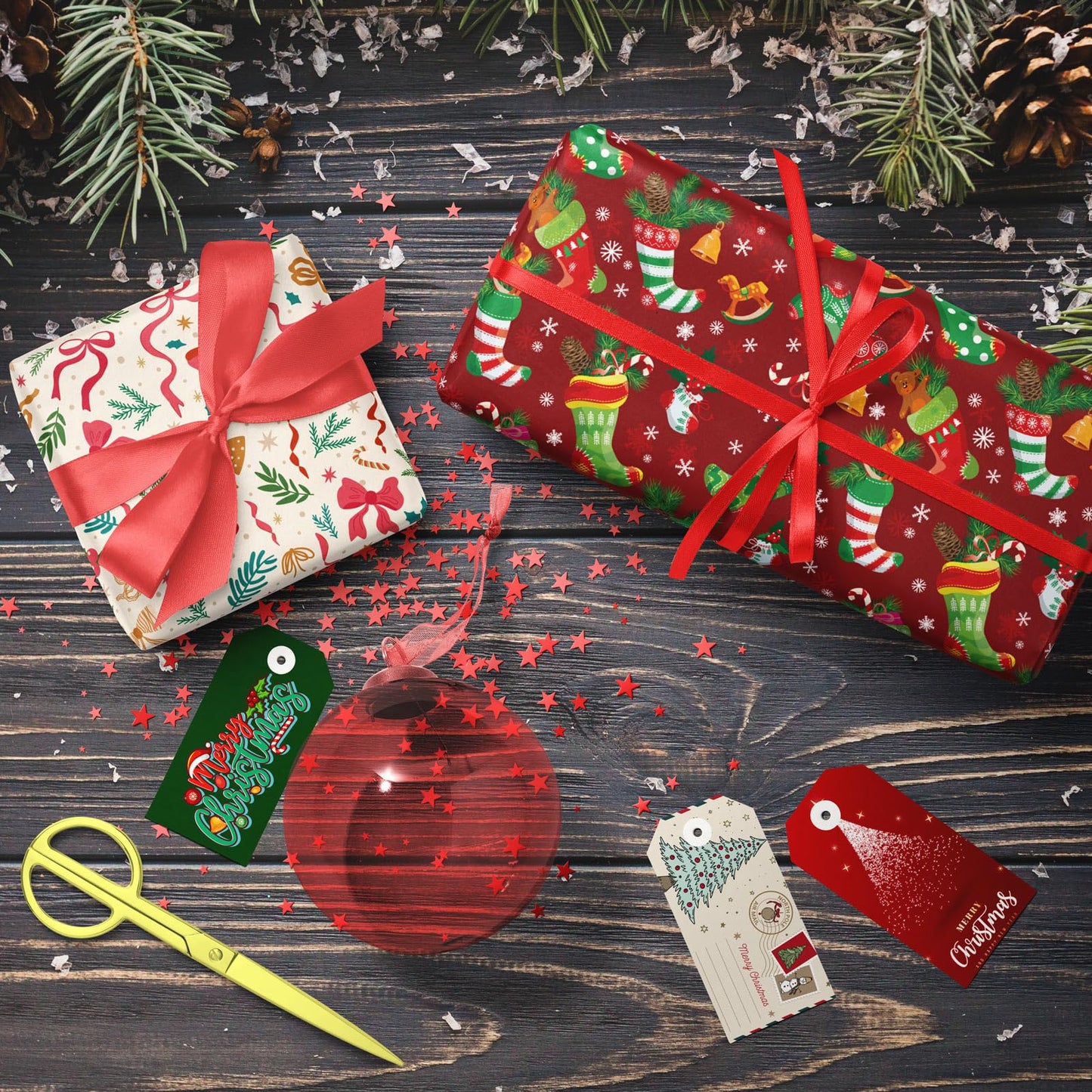 GIOLNIAY Christmas Bows Wrapping Paper for Girls Boys Kids - Holiday Gift Wrap with Ribbons, Red Bows, Winter Foliage Design - 4 Jumbo Sheets, 28″×40″ Each, Easy to Store
