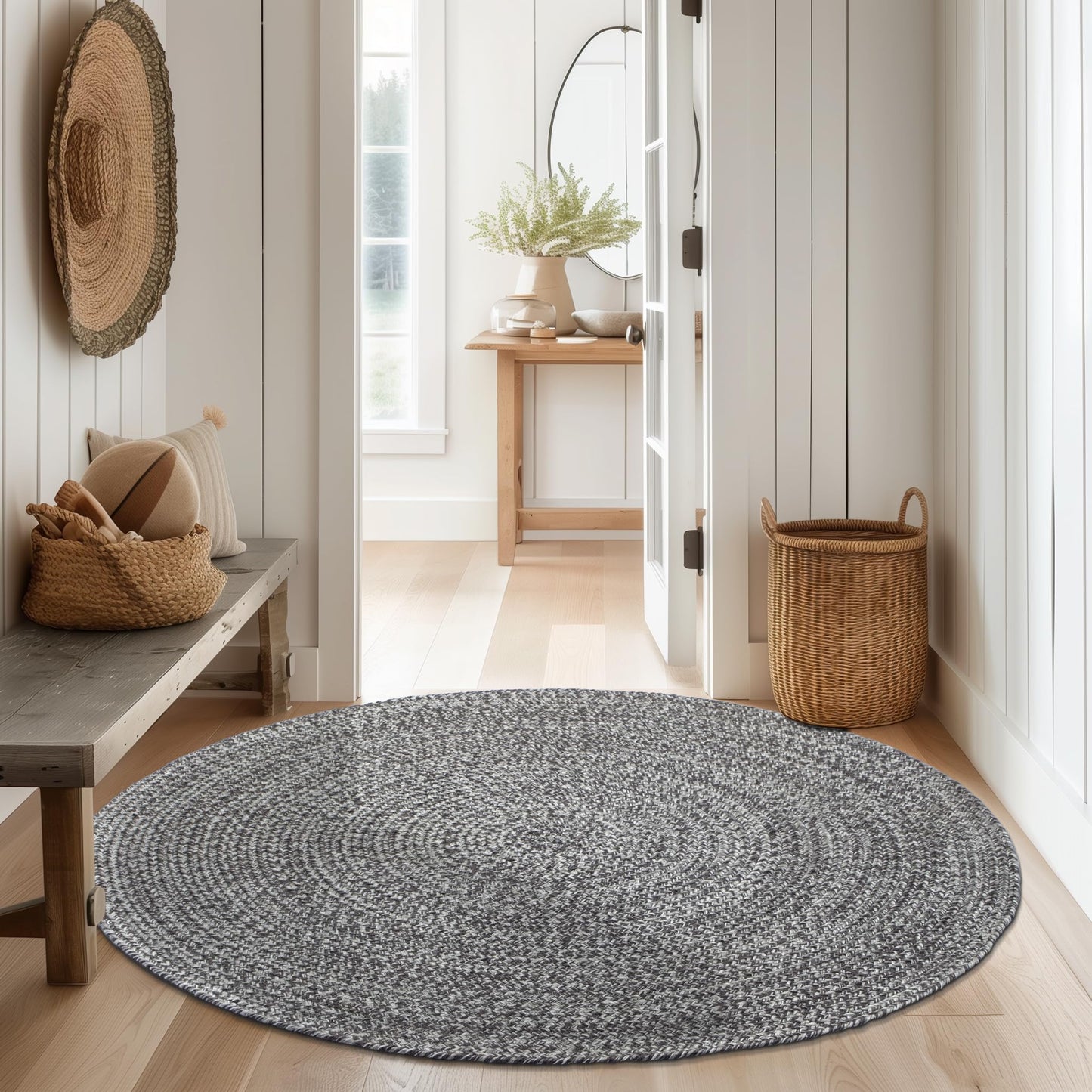 Super Area Rugs Gray/Ivory Braided Rug - Round Rug for Dining Table/Kitchen -4ft Circular Farmhouse Indoor Woven Construction
