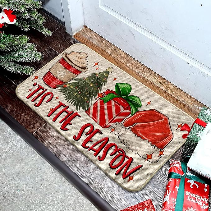 Christmas Hat Front Door Mat Indoor Outdoor Entrance 17x29, Tis The Season Xmas Winter Washable Non-Slip Rubber Red Doormat Inside Outside Entrance, Welcome Floor Mat for Home Holiday Decor AH32