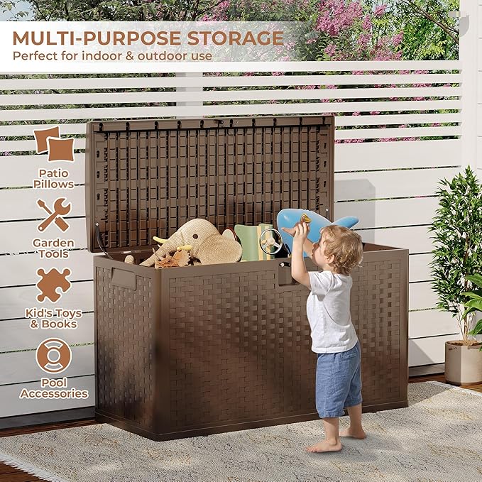99 gal Brown Resin Deck Box, Outdoor Storage Box Waterproof Lockable, Patio Deck Box For Package Delivery, Outside Storage Box Container for Furniture Cushions, Garden Tools, Pool Accessories