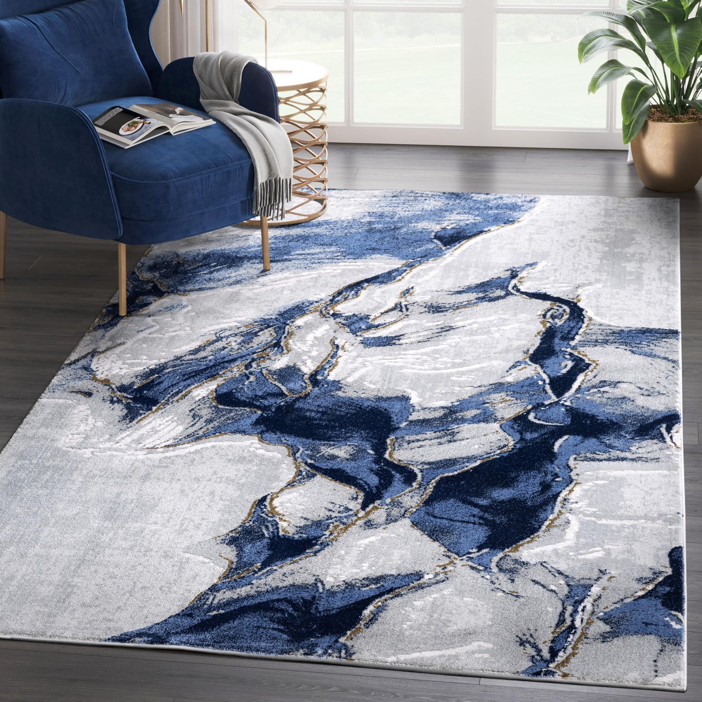 Abani Regal Collection Area Rug - Abstract Grey Blue Design - Washable for Living Room, Bedroom & Office 5' x 8'