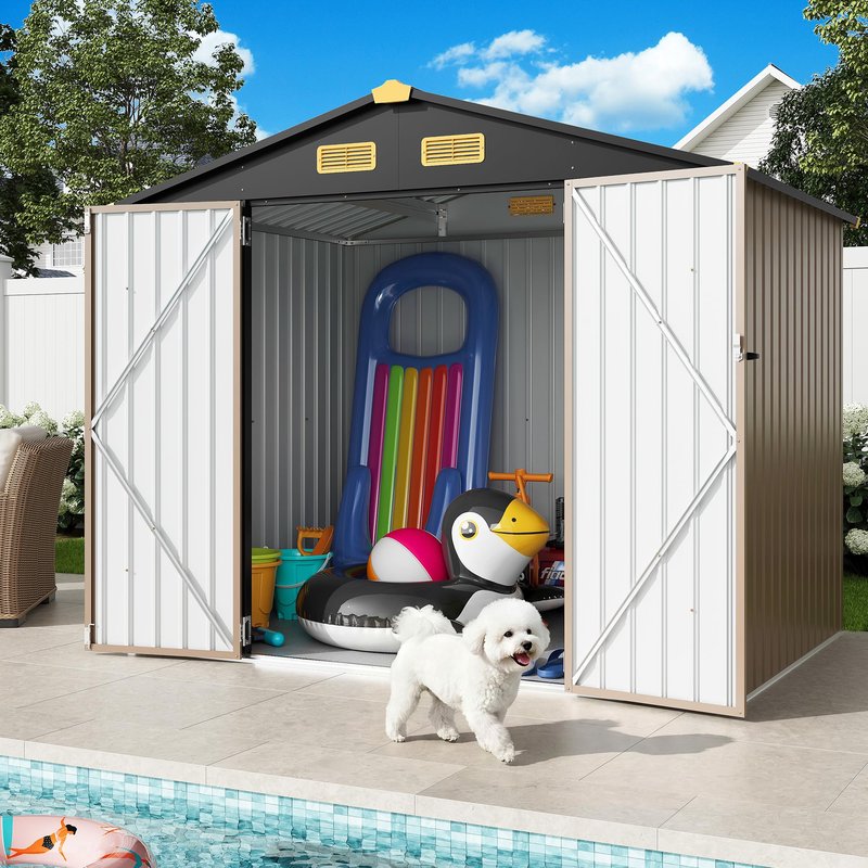 IRONCK 7.7x5.7 FT Storage Shed, Outdoor Metal Tool Shed with Breathable Vents and Lockable Doors, All-Weather Tool Storage for Patio, Outside, Poolside, Brown