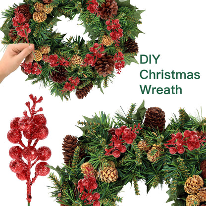 Sggvecsy 30Pcs Christmas Glitter Berries Stems Artificial Red Berry Branches Holly Picks Stems Christmas Tree Ornaments for DIY Xmas Wreath Crafts Gifts Holiday Home Decor (Red)