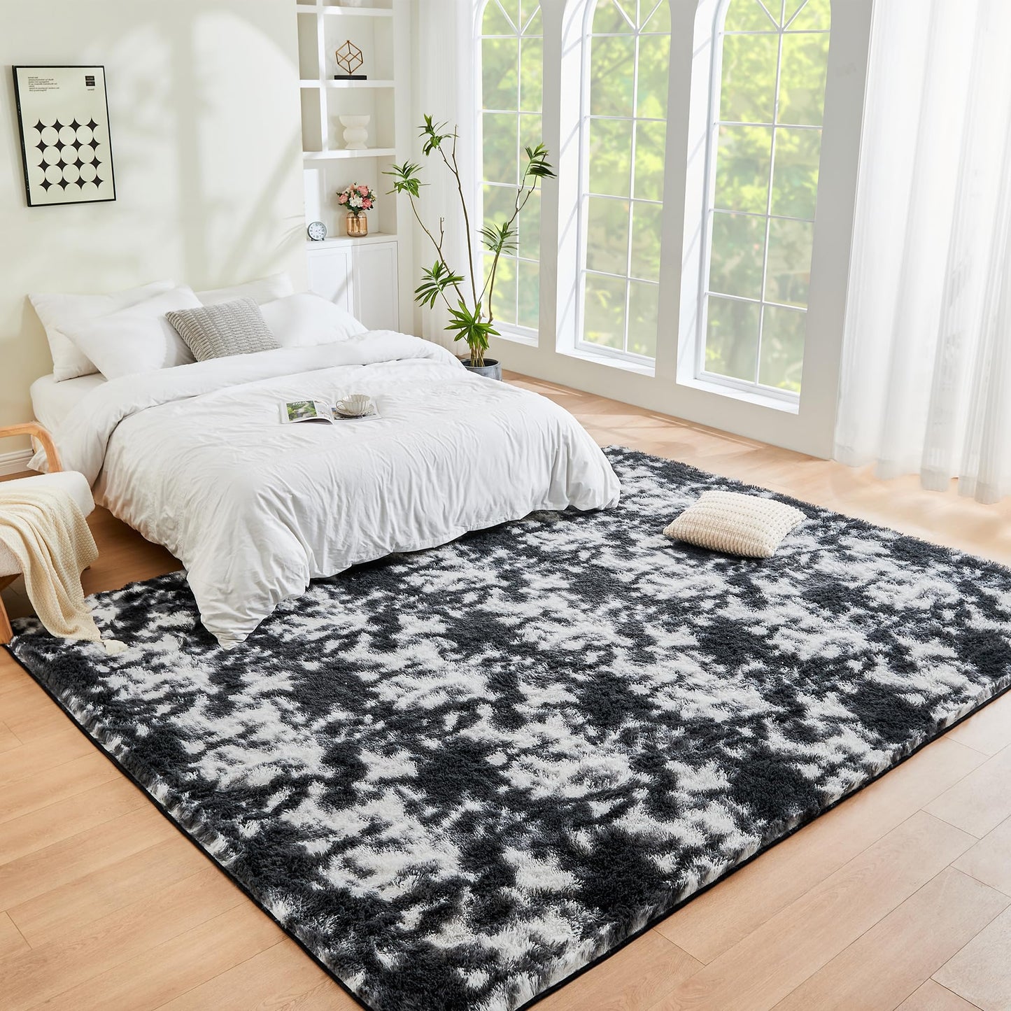 Litanika 6x9 Fluffy Shag Faux Fur Area Rug for Living Room Bedroom, Tie-Dyed Black White High Pile Soft Plush Shaggy Furry Bedside Playroom Dorm Carpet, Non-Slip, Non-Shedding Modern Indoor Floor Rug