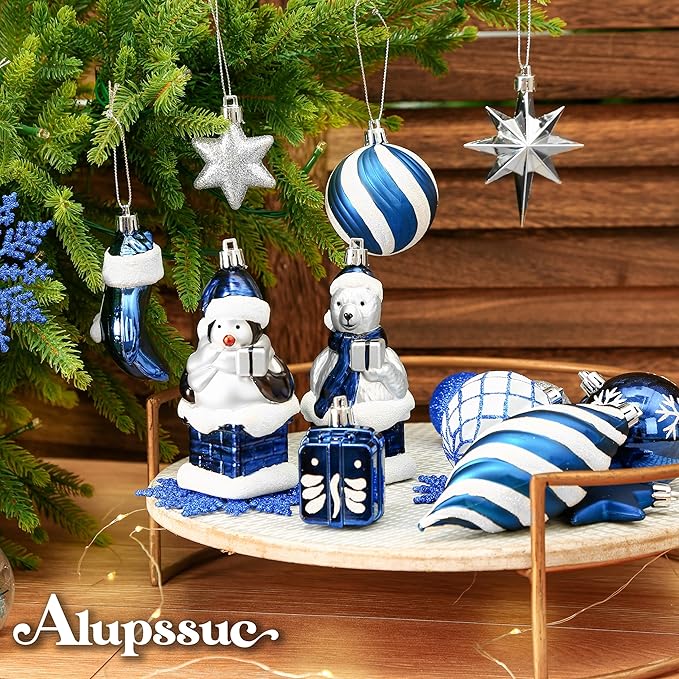 Alupssuc 112pcs Christmas Balls Ornaments Set, Shatterproof Plastic Baubles Christmas Penguin, Polar Bear for Xmas Tree Holiday Wedding Party Decorations with Hanging Strings, Blue and White