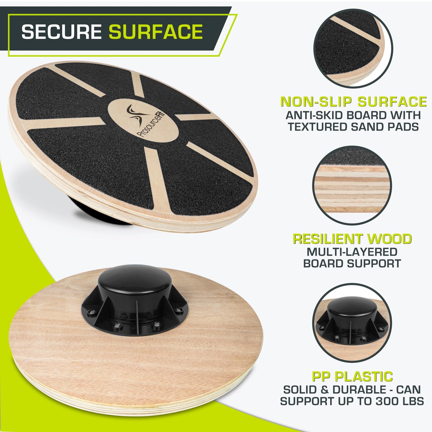ProsourceFit Wooden Balance Board Non-Slip Wobble Core Trainer 15.75in (39.5cm) Diameter with 360 Rotation for Stability Training, Full Body Exercises, Physical Therapy