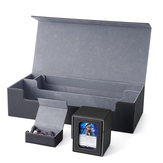 Venssu MTG Deck Box Holds 5 Display Card Deck Boxes with Playmat and Dice Box,Includes 10 colorful dividers and 1 card supporter, Trading Card Storage Box For Magic Game Cards (Black and Grey)