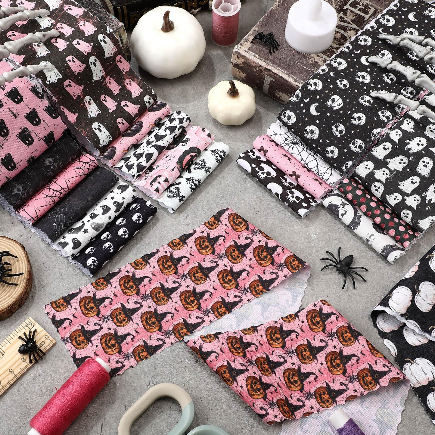 Hosuly 40 Pcs Pink Halloween Fabric Vintage Pumpkin Crow Skull Ghost Spiderweb Quilting Fabric Patchwork Roll Halloween Quilting Strips 2.55 Inch Precut for Sewing Material DIY Crafts