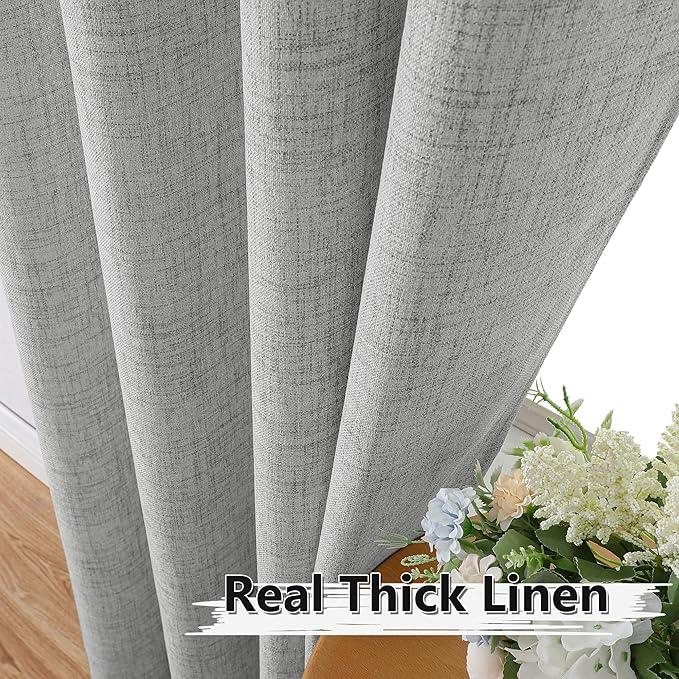 Tollpiz Linen Curtain Living Room Rod Pocket Semi Sheer Curtains Burlap Light Filtering Thick Linen Drape for Bedroom, 54 x 72 inches Long, Silver Grey, Set of 2 Panels