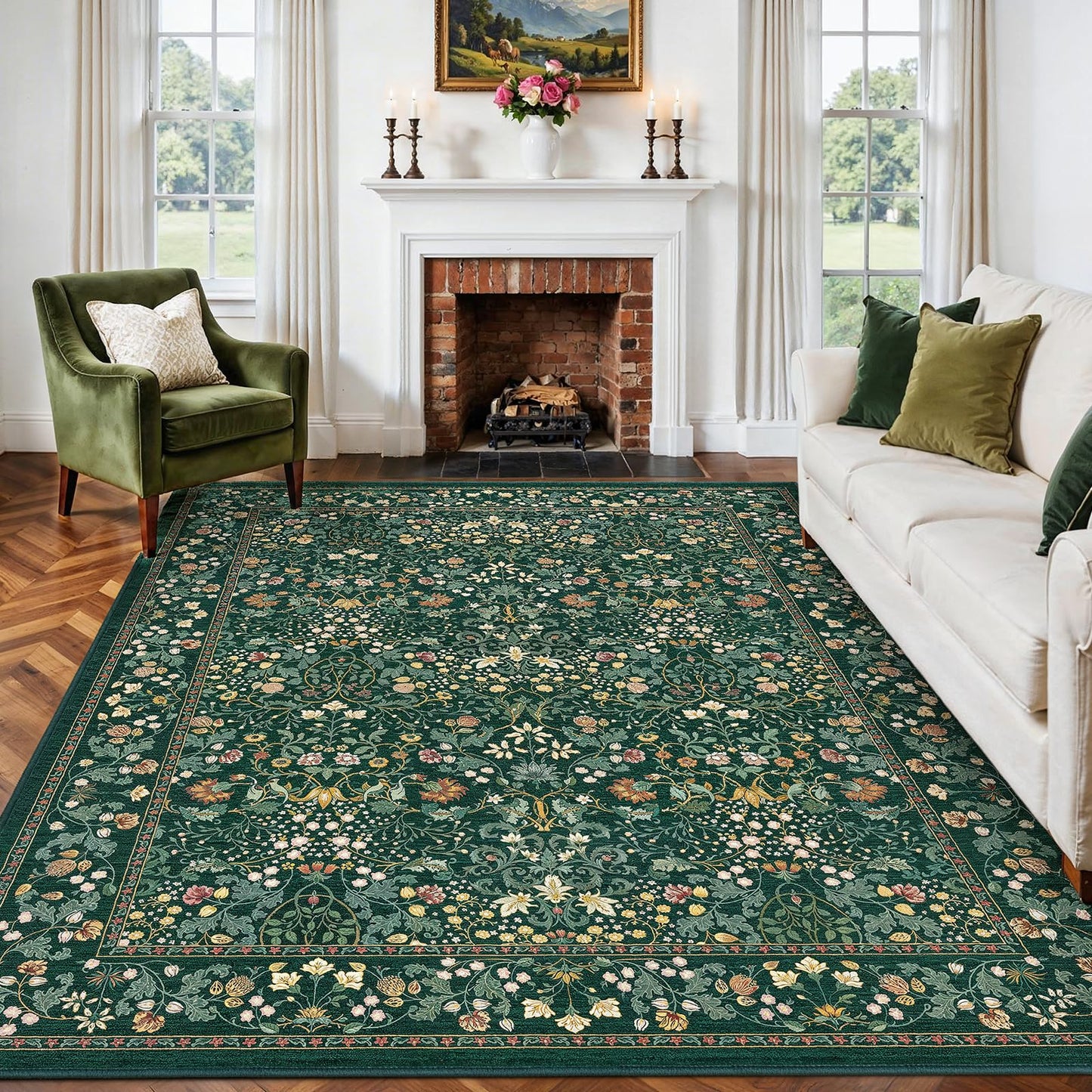 AMADA HOMEFURNISHING 8x10 Washable Area Rugs for Living Room, Non-Slip & Low-Profile Floral Large Area Rug with Durable Edge Binding, Soft Rugs for Living Room, Bedroom, Dining Room