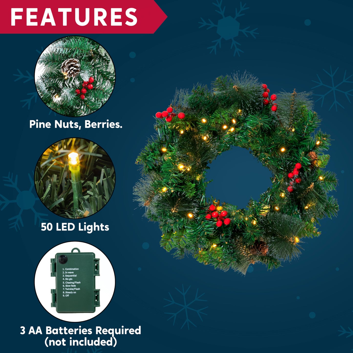 Joiedomi 20” Artificial Christmas Wreath Prelit with 15” Hanger, Decorated with 50 LED Lights, Red Berries, Pine Cones Glitter Pine Needles for Front Door Wall Christmas Decorations (Battery Operated)